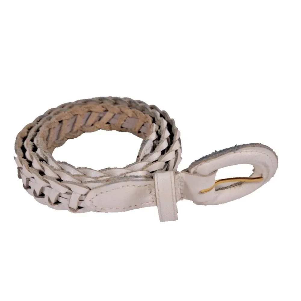 Unbranded White Braided Split Leather Belt Gold Tone Buckle Woven Narrow Boho